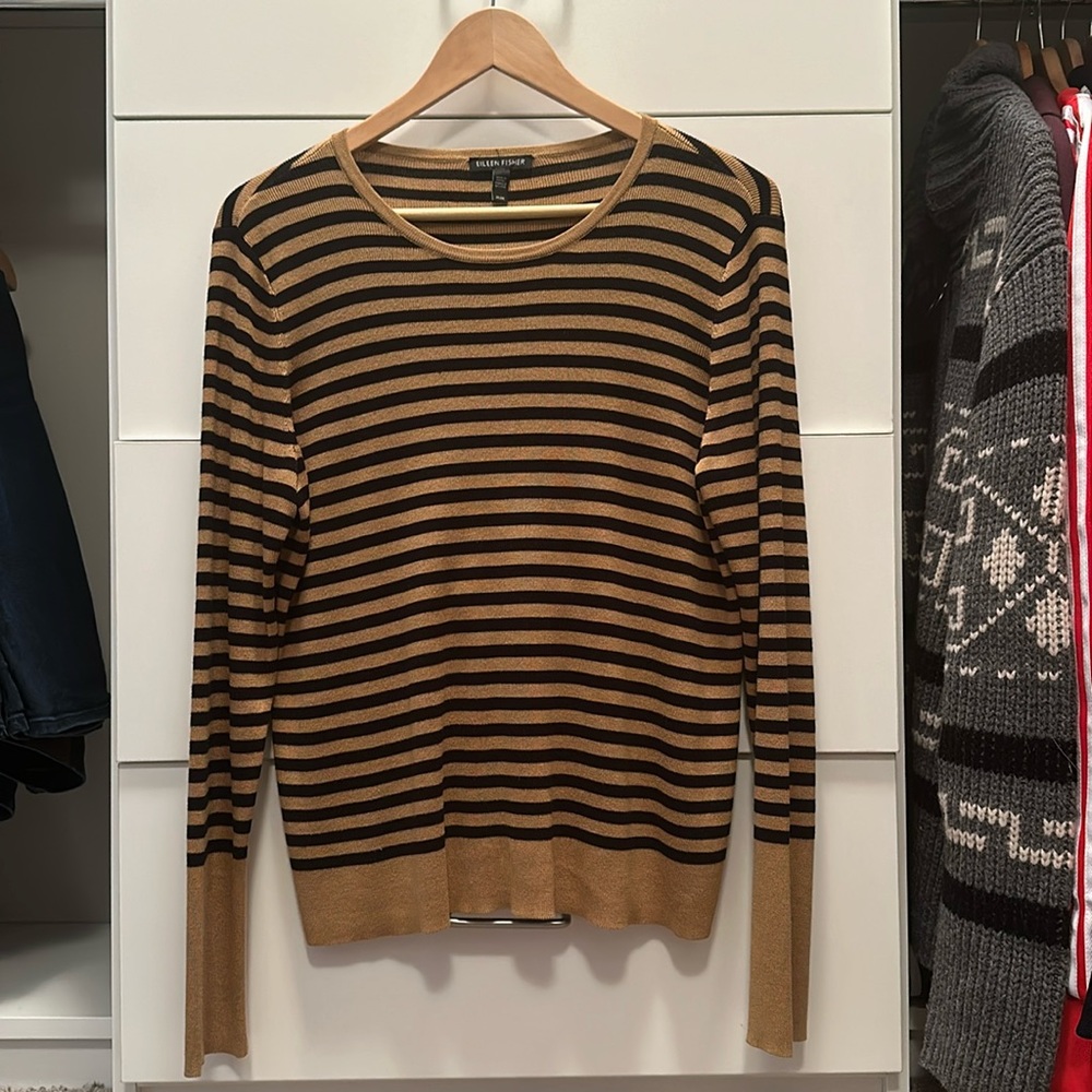 New Eileen Fisher Tencel Silk Sweater Size Medium Crewneck Striped Slit Hem
